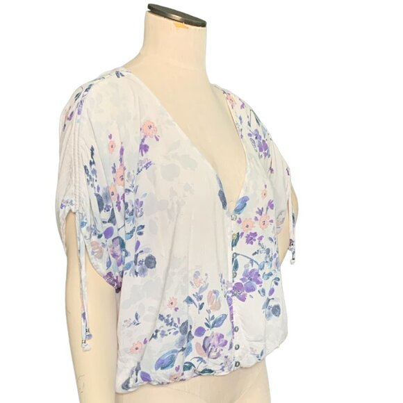 Lovestitch Floral Relaxed Ruched Short Sleeve Button Blouse Sz M #107A - Picture 2 of 9